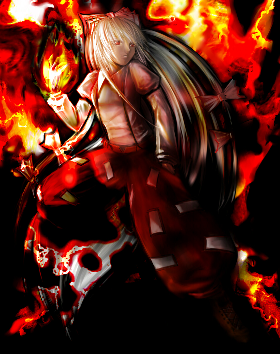 298 (jp6stmg8), kyuushichuu, fujiwara no mokou, touhou, silver hair, highres, 1girl, bow, female focus, fire, hair bow, hair ribbon, long hair, red eyes, ribbon, solo