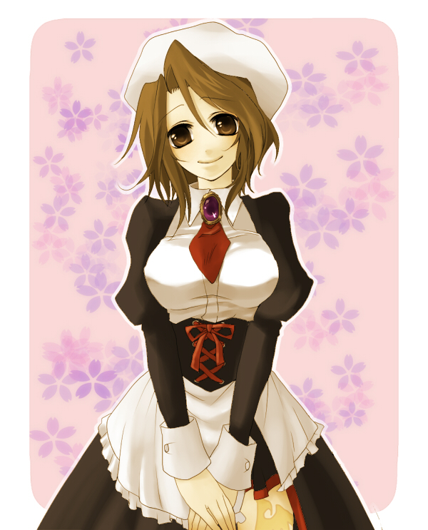 louol, matsuda (louol), shannon (umineko), umineko no naku koro ni, bad id, bad pixiv id, 00s, 1girl, brown eyes, brown hair, female focus, hat, maid, solo, tattoo