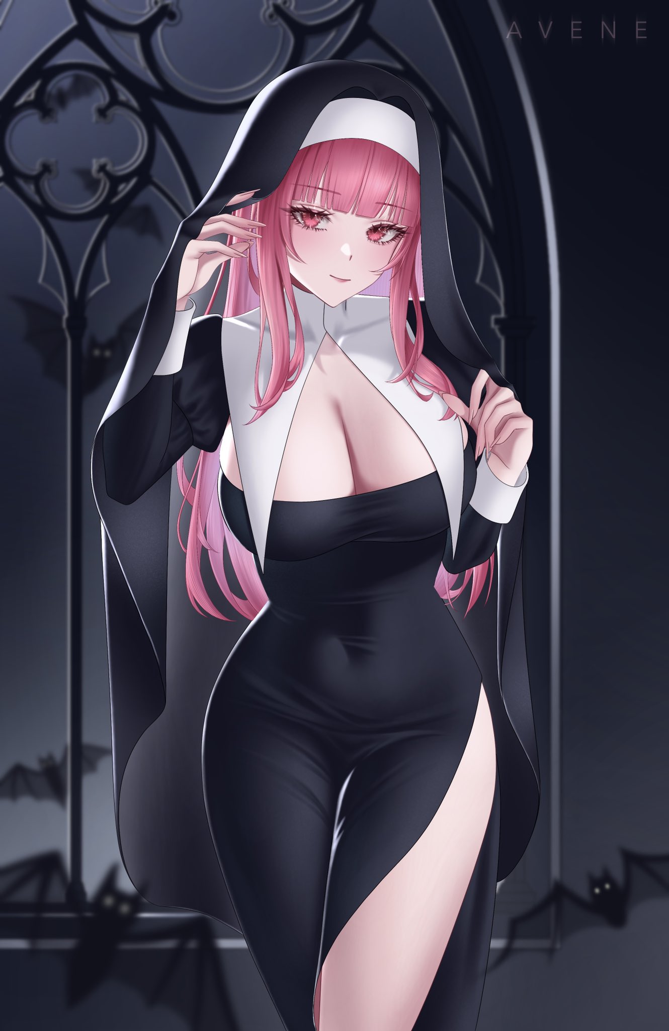 mori calliope, hololive, hololive english, highres, 1girl, alternate costume, avene chan, black dress, blunt bangs, breasts, cleavage, cleavage cutout, closed mouth, clothing cutout, coif, covered navel, cowboy shot, dress, hand up, large breasts, long hair, long sleeves, looking at viewer, nun, pink eyes, pink hair, side slit, sidelocks, solo, straight hair, virtual youtuber