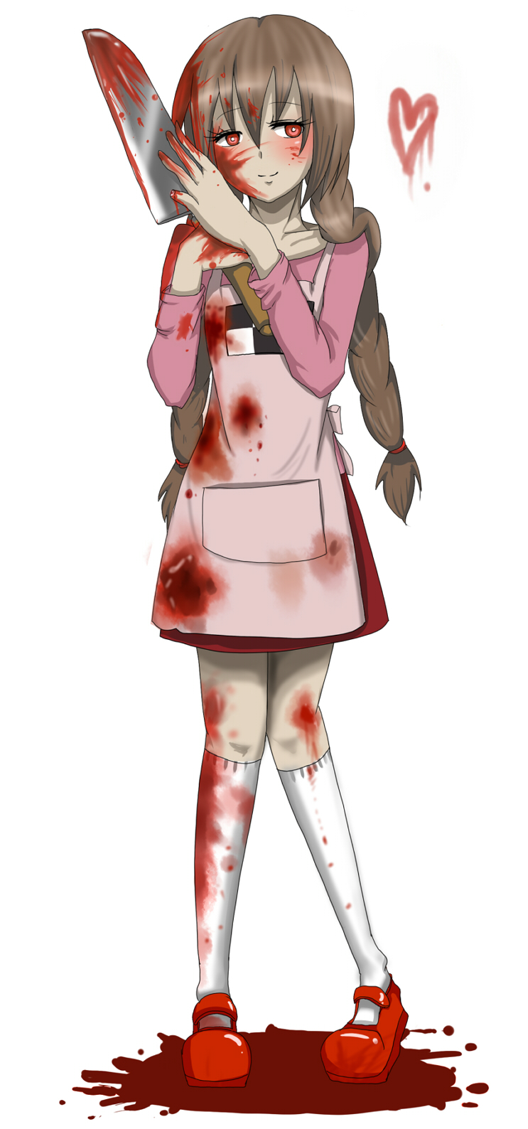 ft666ghi, madotsuki, yume nikki, highres, 1girl, apron, blood, braid, female focus, heart, knife, mary janes, pink shirt, shirt, shoes, socks, solo, twin braids, yandere