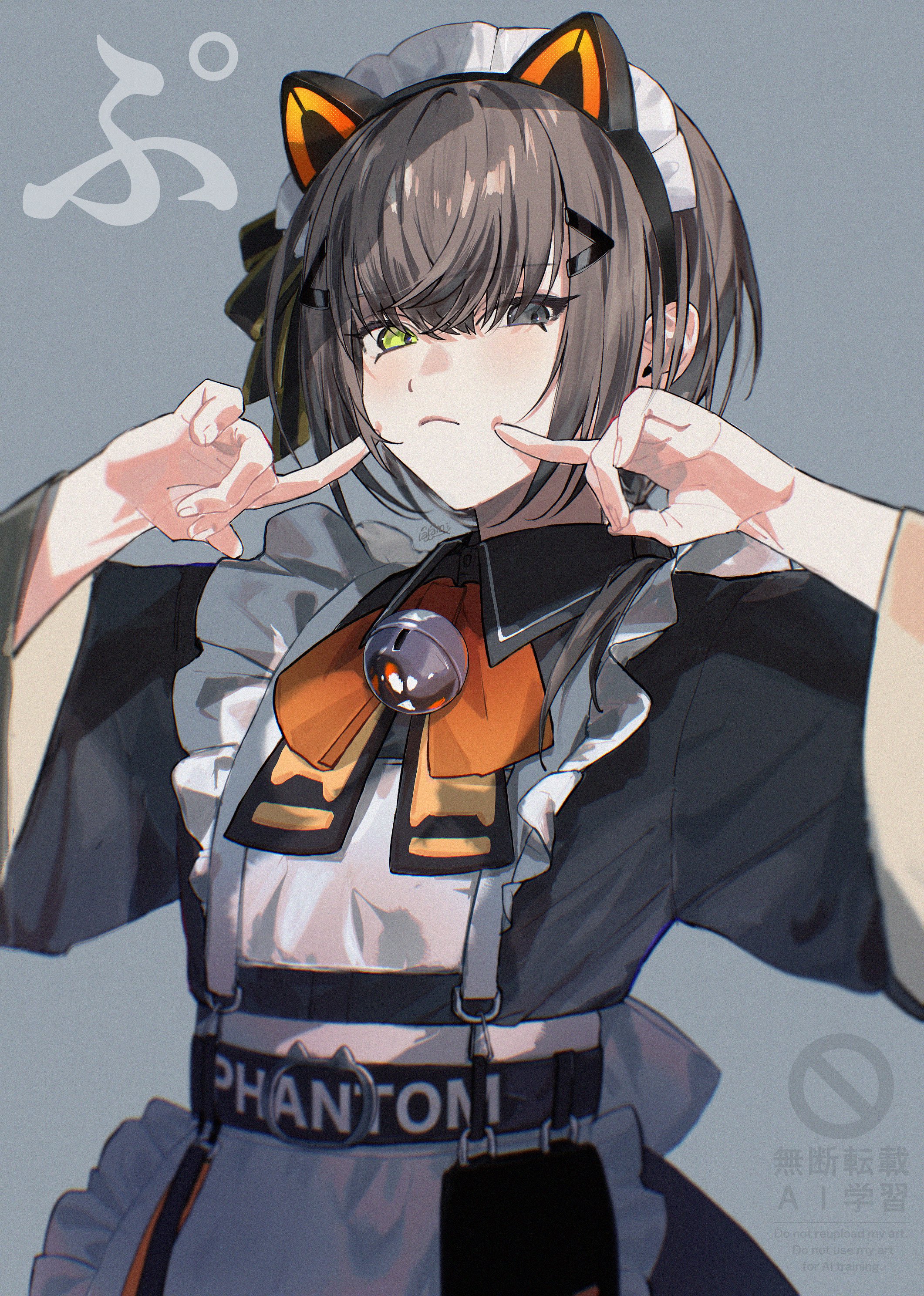 luna1116, alban knox, nijisanji, nijisanji en, absurdres, highres, 1boy, alternate costume, animal ear hairband, animal ears, apron, bell, black dress, bow, bowtie, brown hair, cat ear hairband, cat ears, closed mouth, clothes writing, crossdressing, crossdressing (mtf), dress, expressionless, fake animal ears, fingers to cheeks, frilled apron, frills, green eyes, grey background, grey eyes, hair ornament, hairband, hairclip, heterochromia, looking at viewer, maid, maid apron, maid headdress, male focus, male maid, neck bell, orange bow, orange bowtie, short hair, simple background, solo, trap, upper body, virtual youtuber, white apron