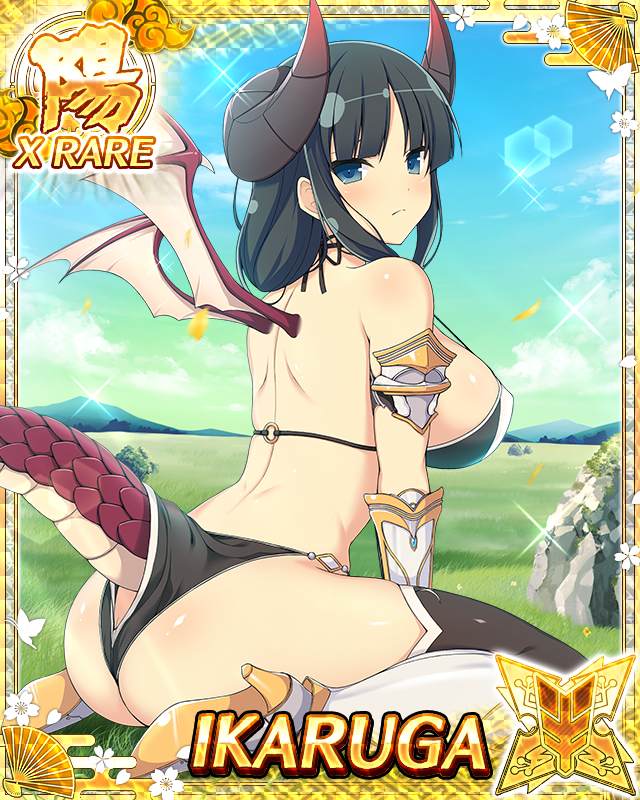 ikaruga (senran kagura), senran kagura, senran kagura new wave, game cg, non-web source, official art, 1girl, black hair, blue eyes, breasts, card (medium), clothing cutout, day, dragon girl, dragon horns, dragon tail, dragon wings, frown, hime cut, horns, large breasts, long hair, looking at viewer, official alternate costume, outdoors, sitting, solo, tail, tail through clothes, wariza, wings