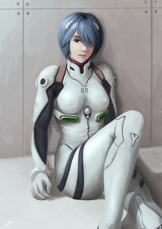 okita, ayanami rei, neon genesis evangelion, 1girl, blue hair, breasts, covered erect nipples, female focus, hair ornament, hair over one eye, hairclip, mecha pilot suit, medium breasts, nipples, plugsuit (evangelion), realistic, sitting, solo