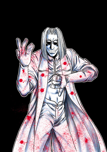 doctor (hellsing), hellsing, 1boy, abs, belly, black background, blood, blood on clothes, glasses, gloves, grin, lab coat, male focus, midriff, monochrome, navel, nazi, pants, short hair, simple background, smile, solo, spot color, thumbs down