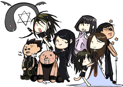 dante (fma), envy (fma), gluttony (fma), greed (fma), juliet douglas, king bradley, lust (fma), lyra (fma), pride (fma), sloth (fma), wrath (fma), wrath curtis, fullmetal alchemist, hand on head, homunculus, lowres, spoilers, 00s, 3girls, 5boys, bald, black dress, black gloves, black hair, blunt bangs, blush stickers, bob cut, brown hair, chibi, dress, drooling, everyone, eyepatch, facial hair, fur trim, gloves, green hair, long hair, midriff, multiple boys, multiple girls, mustache, ouroboros, purple dress, purple gloves, saliva, short hair, shorts, sitting, sleeveless, strapless, strapless dress, sunglasses, sword, vest, water, weapon