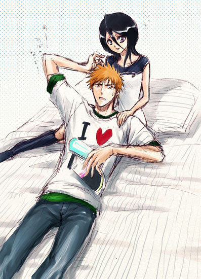 kuchiki rukia, kurosaki ichigo, bleach, hand on shoulder, unfinished, 00s, 1boy, 1girl, bed, black hair, casual, couple, denim, dress, hetero, jeans, kneehighs, lying, lying on person, magazine (object), on bed, orange eyes, orange hair, pants, pillow, purple eyes, shirt, short hair, sketch, socks, t-shirt