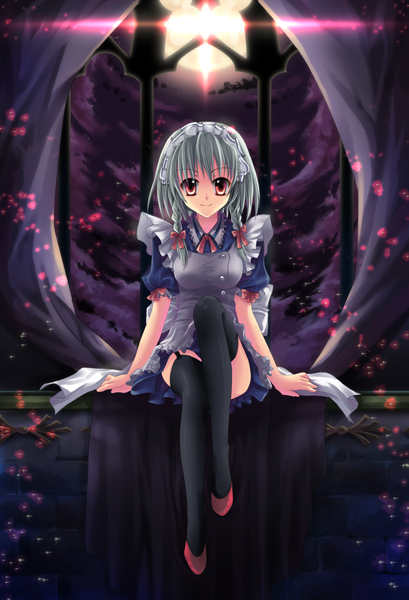 sousouman, izayoi sakuya, touhou, silver hair, bad id, bad pixiv id, 1girl, black thighhighs, bow, braid, female focus, garter straps, hair bow, hairband, looking at viewer, maid, maid headdress, red eyes, short hair, sitting, smile, solo, thighhighs, twin braids