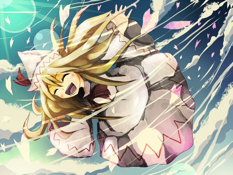 shinta (artist), tokoroten (hmmuk), lily white, touhou, bad id, bad pixiv id, 1girl, blonde hair, cherry blossoms, female focus, hat, petals, skirt, smile, solo