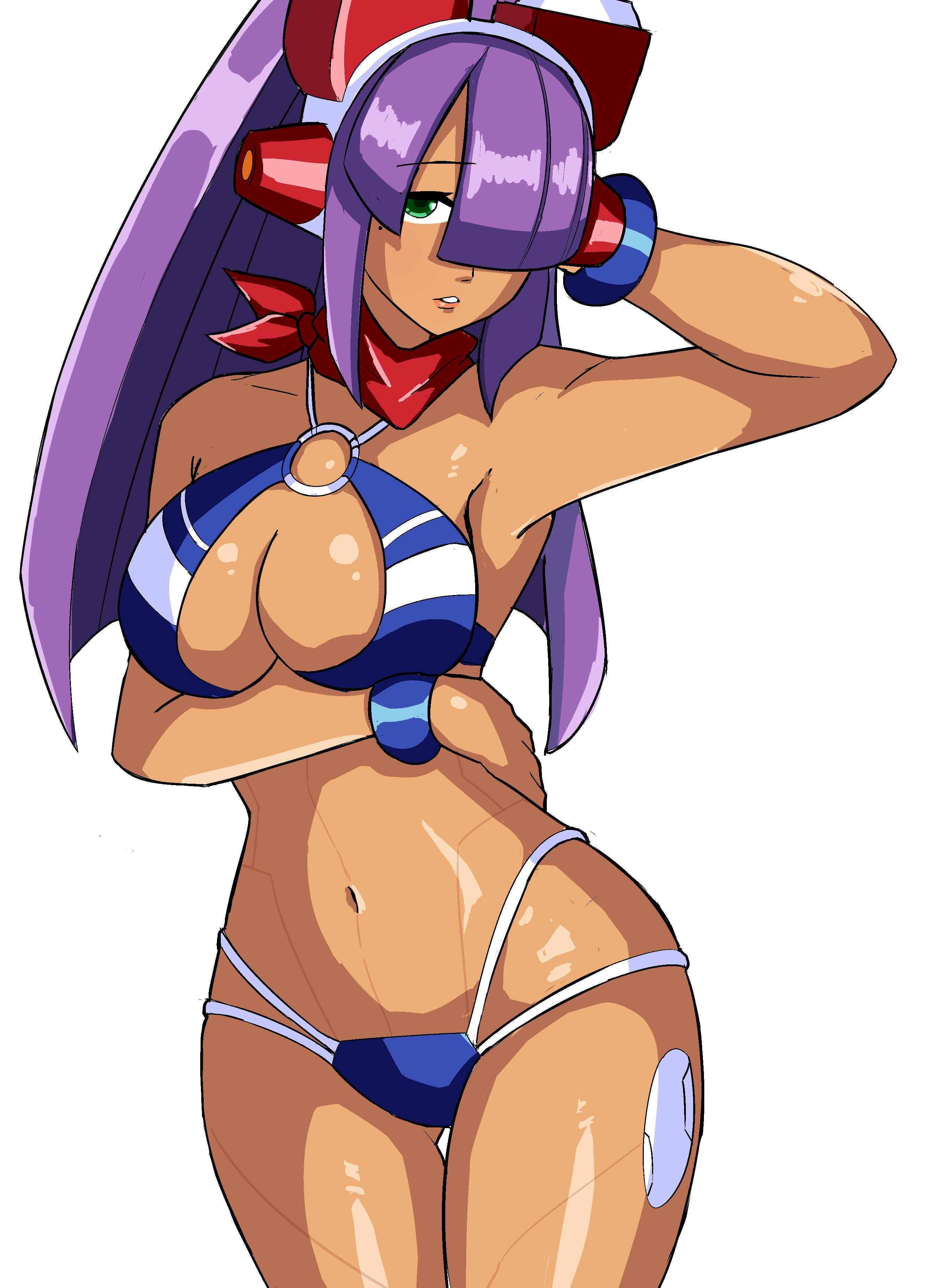 hayebsi, layer (mega man), mega man (series), mega man x (series), mega man x dive, absurdres, highres, 1girl, android, bandana, bikini, blue bikini, bracelet, breasts, clenched teeth, dark-skinned female, dark skin, green eyes, hair over one eye, headgear, high ponytail, hime cut, jewelry, joints, large breasts, long hair, looking at viewer, mole, mole under eye, multicolored bikini, navel, o-ring, o-ring bikini, official alternate costume, parted lips, ponytail, purple hair, red bandana, robot girl, robot joints, simple background, solo, striped bikini, striped clothes, swimsuit, swimsuit layer (mega man), teeth, two-tone bikini, white background