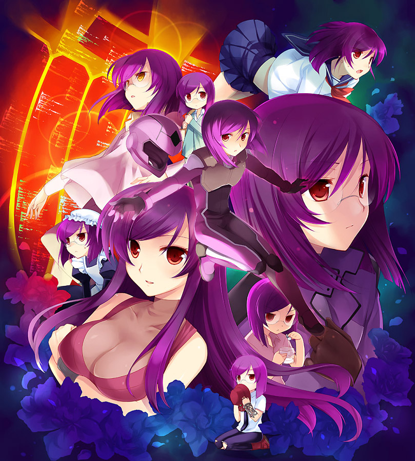 arima (yukagen), tieria erde, gundam, gundam 00, gender request, 00s, 1boy, 1girl, bodysuit, crossdressing, dual persona, genderswap, glasses, innovators (gundam 00), long hair, maid, multiple persona, purple hair, red eyes, school uniform, serafuku, short hair, time paradox, trap