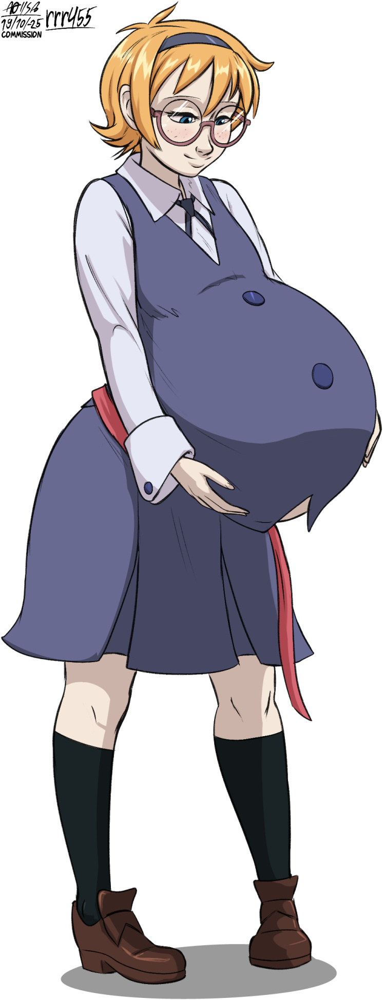 a0iisa, lotte jansson, little witch academia, commission, commissioner upload, highres, 1girl, blue eyes, blush, brown shoes, finland, finnish, freckles, glasses, gloves, hairband, hands on own stomach, luna nova school uniform, pregnant, red hair, school uniform, shoes, short hair, solo, thighhighs, witch