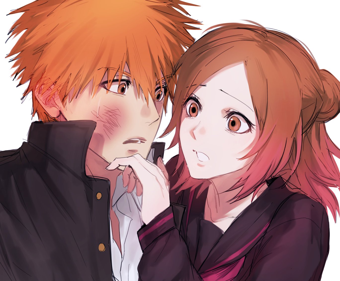 wonhae10054523, inoue orihime, kurosaki ichigo, bleach, bleach: sennen kessen-hen, 1boy, 1girl, alternate hairstyle, brown eyes, collarbone, hetero, medium hair, official alternate costume, orange hair, sailor collar, school uniform, short hair, simple background, upper body, white background