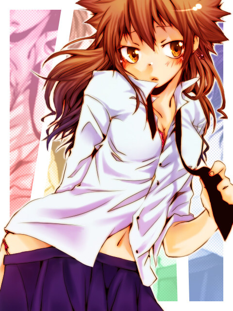 kagi(pixiv230549), kagiri, sawada tsunako, sawada tsunayoshi, katekyo hitman reborn!, bad id, bad pixiv id, 00s, 1girl, brown hair, dress shirt, female focus, genderswap, genderswap (mtf), long hair, necktie, orange eyes, shirt, solo, undressing