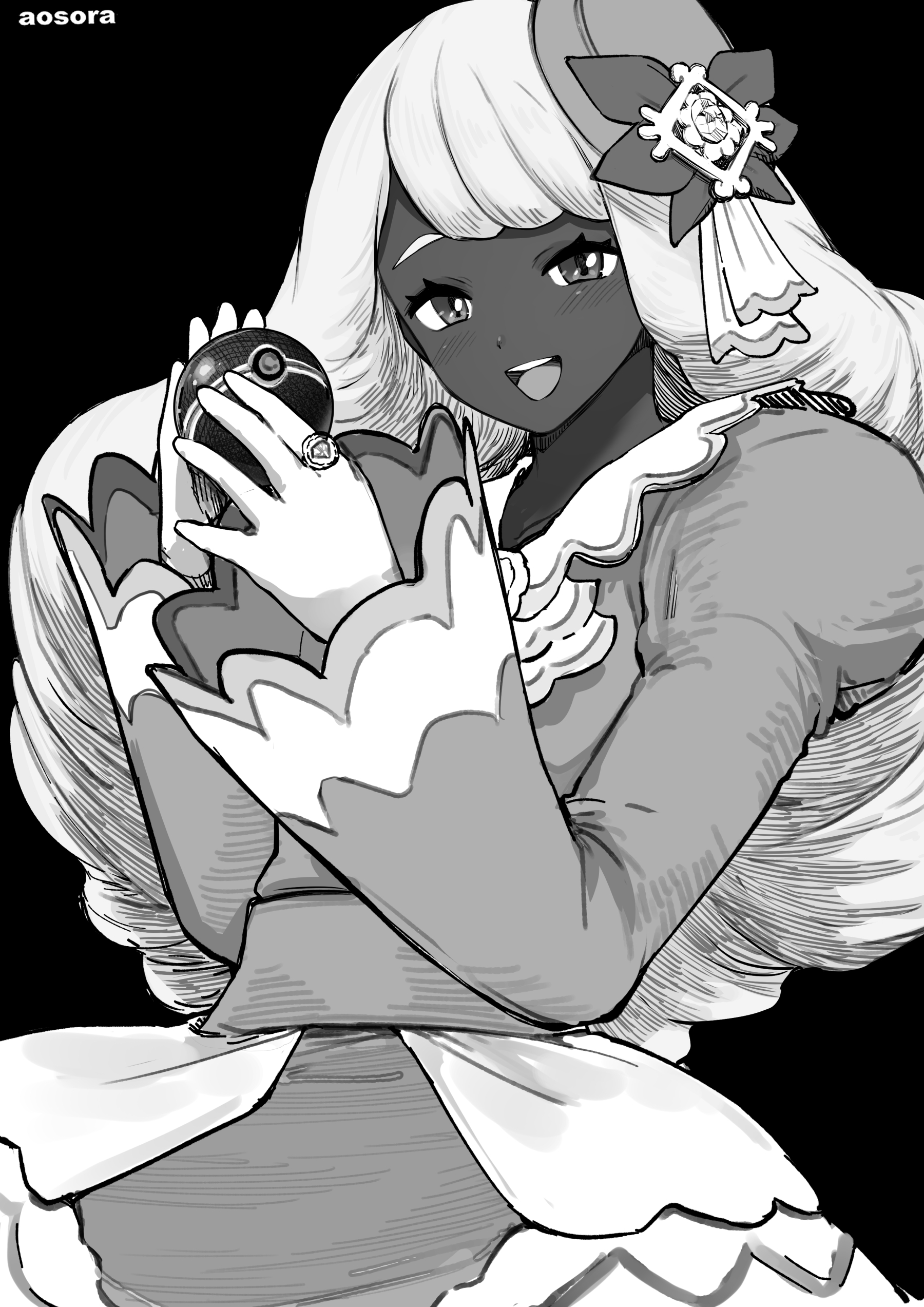 aosora2823, jacinthe (pokemon), nintendo, pokemon, pokemon legends: z-a, absurdres, commentary request, highres, 1girl, :d, artist name, black background, dark-skinned female, dark skin, dress, hair ribbon, holding, holding poke ball, jewelry, long sleeves, looking at viewer, monochrome, open mouth, poke ball, ribbon, ring, simple background, smile, solo, teeth, upper teeth only