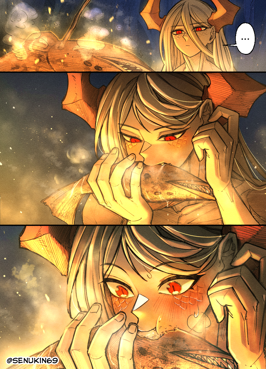 senukin, original, highres, …, 1girl, animal, artist name, biting, blush, doomsia, double-parted bangs, dragon girl, dragon horns, eating, fish, fish (food), grey hair, hair between eyes, holding, holding animal, holding fish, horns, long hair, long hair between eyes, looking at food, looking down, open mouth, red eyes, scales, slit pupils, speech bubble, spoken ellipsis, steam, sweatdrop, twitter username