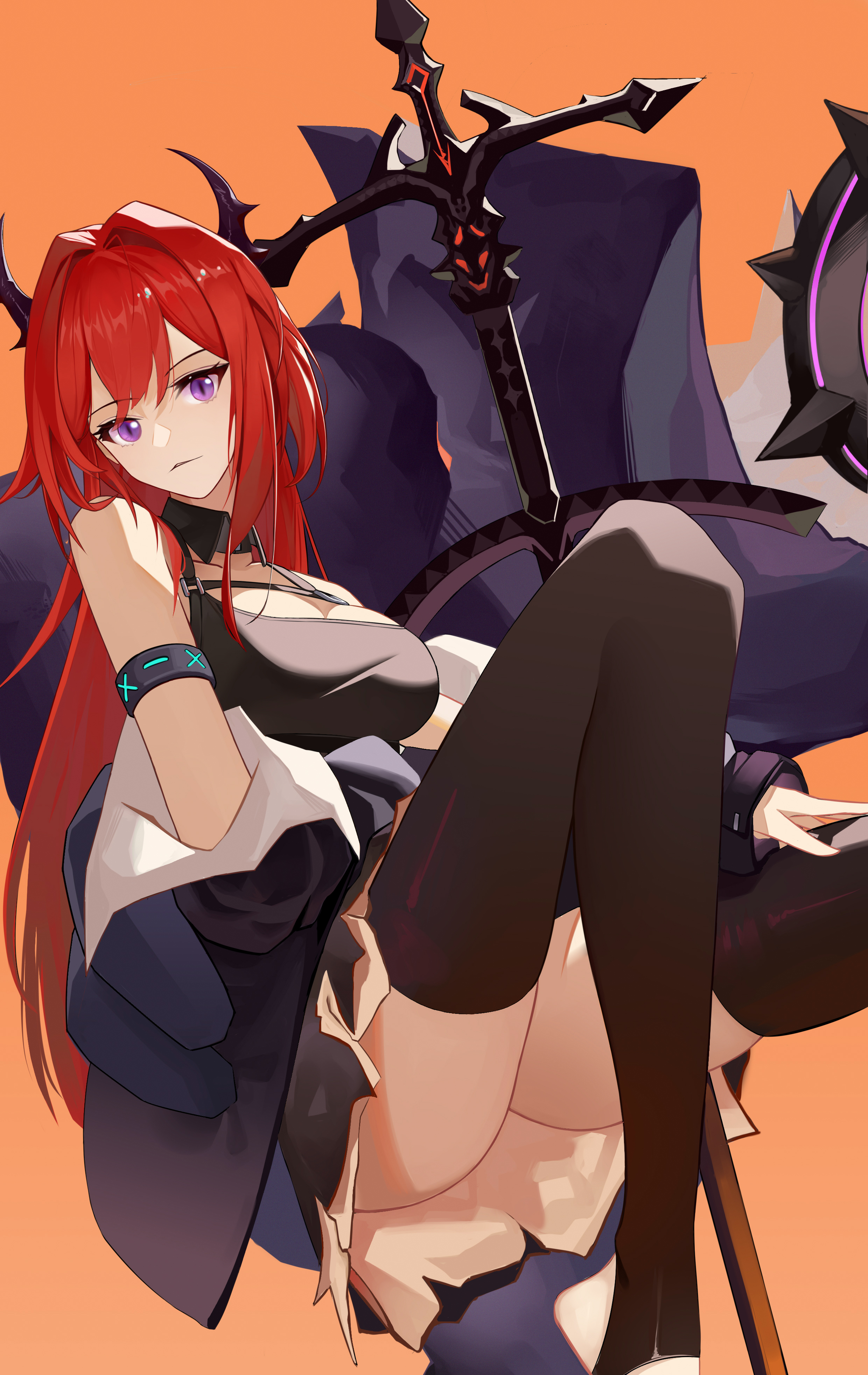 infection monitor (arknights), surtr (arknights), arknights, absurdres, highres, 1girl, ass, bare shoulders, black dress, black horns, black thighhighs, breasts, chest strap, cleavage, closed mouth, collar, demon, demon girl, demon horns, detached collar, dress, floating, giant, giant hand, grayson, hair between eyes, hair intakes, horns, jacket, large breasts, long hair, looking at viewer, orange background, parted lips, purple eyes, red hair, simple background, sitting, slit pupils, solo, spiked collar, spikes, surtr's golem (arknights), sword, thighhighs, upskirt, very long hair, weapon