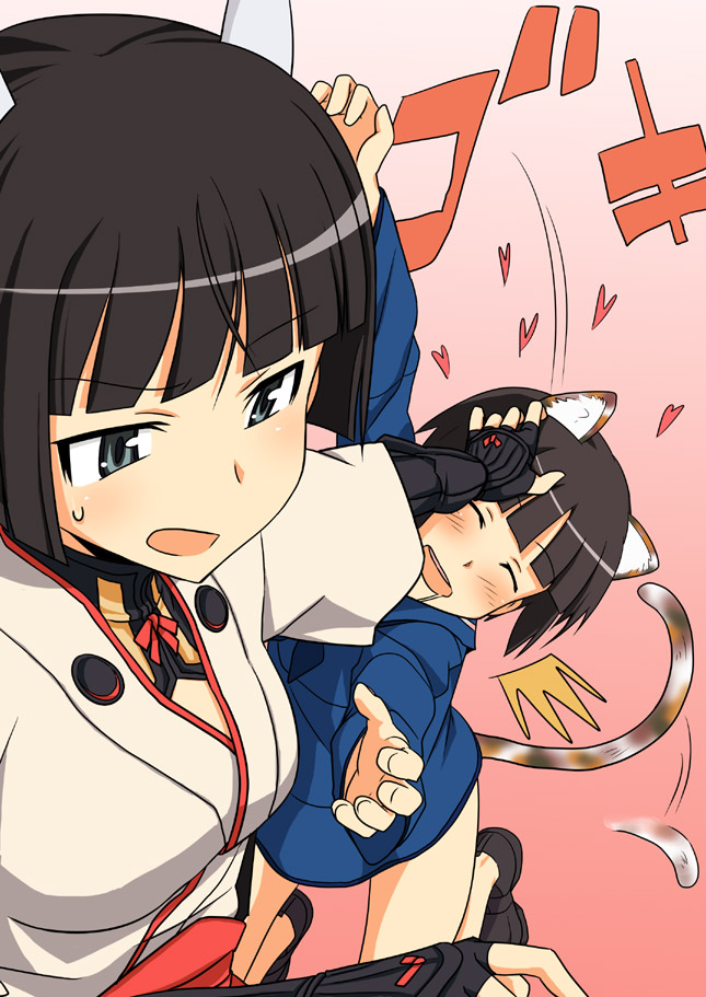 ningen (ningen96), anabuki tomoko, sakomizu haruka, strike witches, strike witches: suomus misfits squadron, world witches series, uniform, bad id, bad pixiv id, 00s, 2girls, animal ears, blush, breasts, elbow gloves, gloves, heart, medium breasts, multiple girls, open mouth, saliva, sweatdrop, tail, tail wagging