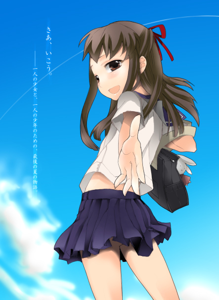 bag, blush, brown eyes, brown hair, long hair, looking back, open mouth, school bag, school uniform, serafuku, skirt, solo, stuffed animal, stuffed toy
