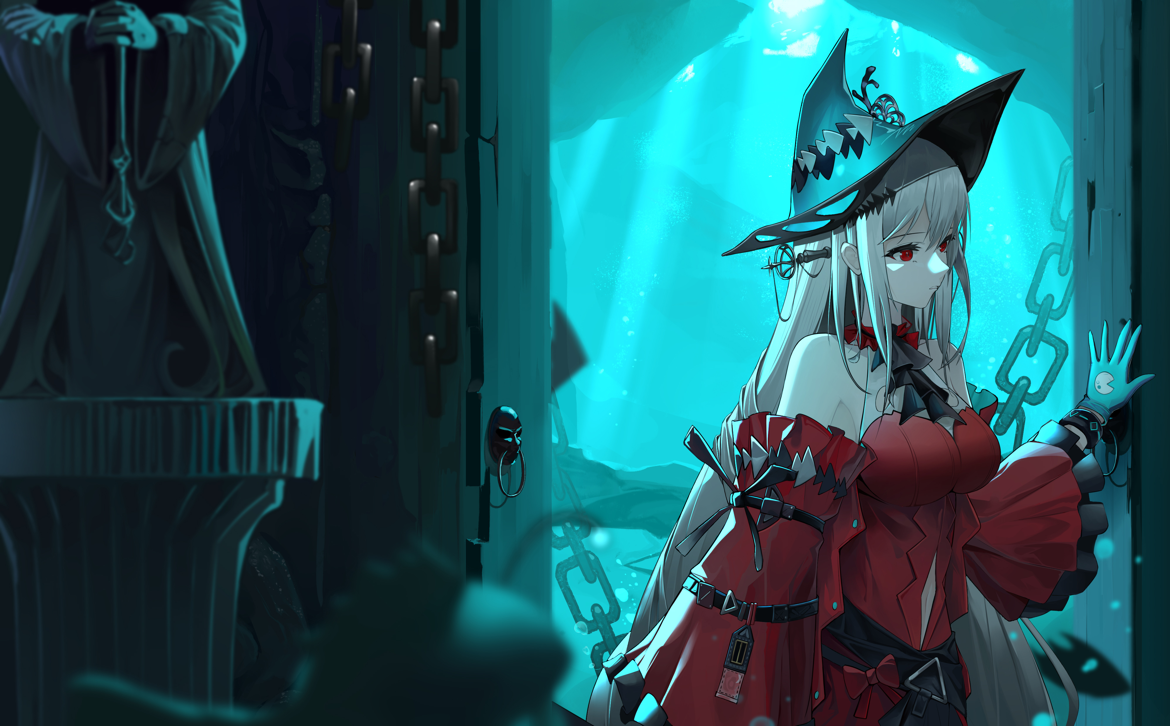 infection monitor (arknights), skadi (arknights), skadi the corrupting heart (arknights), arknights, absurdres, highres, 1girl, air bubble, angelfish, aqua gloves, aqua hat, ascot, bare shoulders, black ascot, black ribbon, breasts, bubble, chain, clothing cutout, detached collar, detached sleeves, doorway, dress, fish, gloves, grayson, hair between eyes, hair ribbon, hat, light rays, long hair, long sleeves, medium breasts, navel, navel cutout, ocean, off-shoulder dress, off shoulder, official alternate costume, parted lips, red dress, red eyes, red ribbon, red sleeves, ribbon, shadow, solo, standing, statue, submerged, tropical fish, underwater, upper body, very long hair, water, white hair