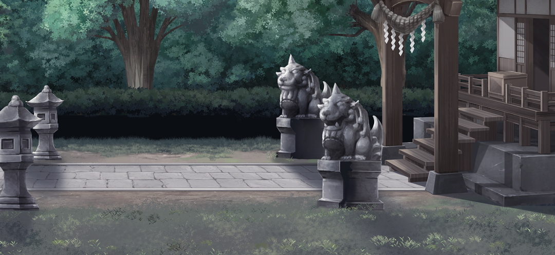 touhou, touhou gensou eclipse, game cg, non-web source, official art, architecture, box, bush, day, donation box, east asian architecture, hakurei shrine, komainu, no humans, outdoors, path, road, rope, scenery, shide, shimenawa, shrine, stairs, stone lantern, tree