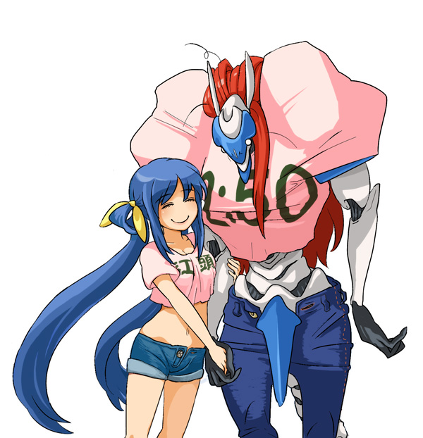 hitotsubashi, dizzy (guilty gear), justice (guilty gear), arc system works, guilty gear, 2girls, age difference, babydoll t-shirt, blue hair, clothes writing, crop top, denim, denim shorts, hair ribbon, jeans, long hair, messy hair, midriff, mother and daughter, multiple girls, o o, orange hair, pants, ribbon, shorts, simple background, smile, tank top, twintails
