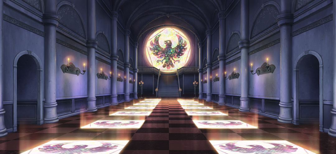 touhou, touhou gensou eclipse, game cg, non-web source, official art, arch, candelabra, candle, candlestand, checkered floor, chireiden, indoors, no humans, scenery, stairs, tile floor, tiles