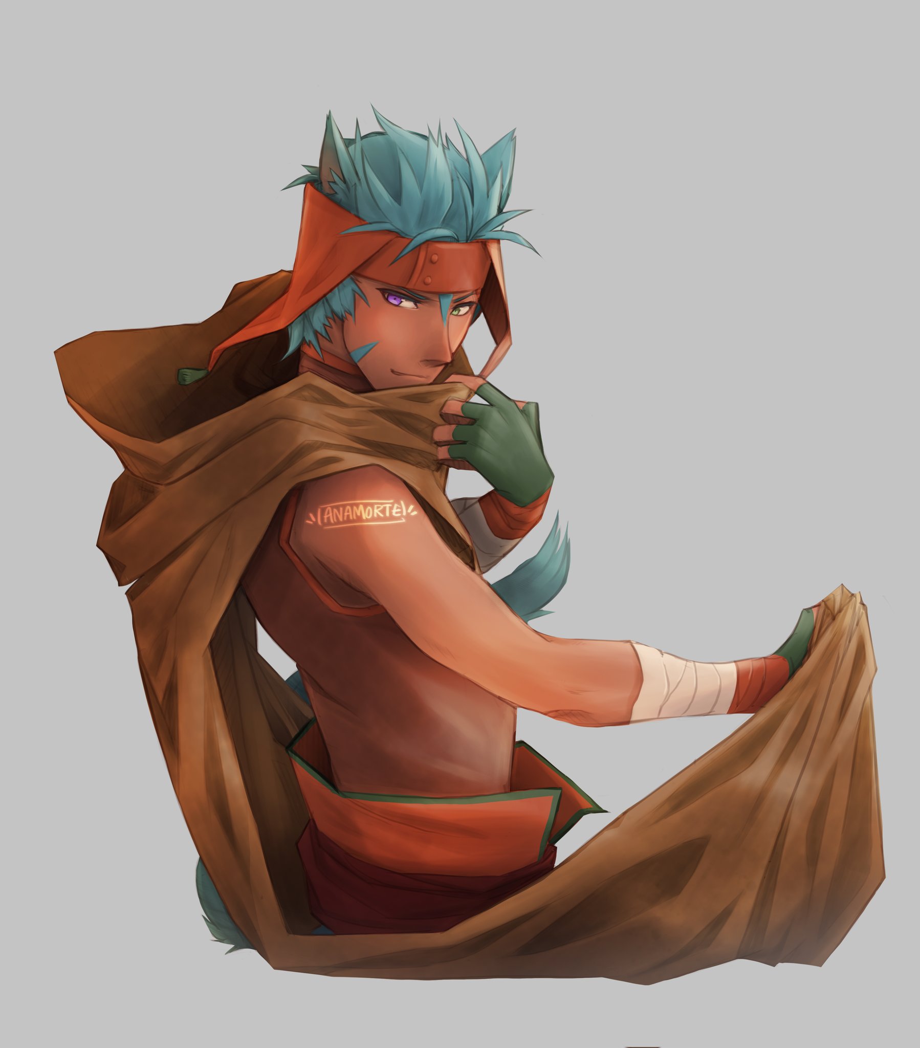 anamorte art, ranulf (fire emblem), fire emblem, fire emblem: path of radiance, nintendo, commentary, english commentary, highres, 1boy, animal ears, artist name, blue hair, brown cloak, cat boy, cat ears, cloak, green eyes, grey background, heterochromia, male focus, purple eyes, short hair, simple background, solo, tail