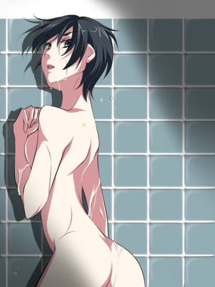 hong lihua, aquarion (series), sousei no aquarion, 00s, 1girl, ass, black hair, breasts, female focus, looking back, nude, short hair, showering, solo, wet