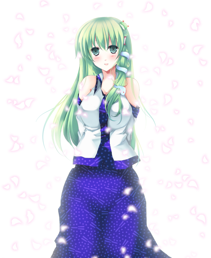 sugisaki asuka, kochiya sanae, touhou, 1girl, bare shoulders, blush, breasts, detached sleeves, female focus, green eyes, green hair, large breasts, long hair, long skirt, matching hair/eyes, petals, skirt, smile, solo