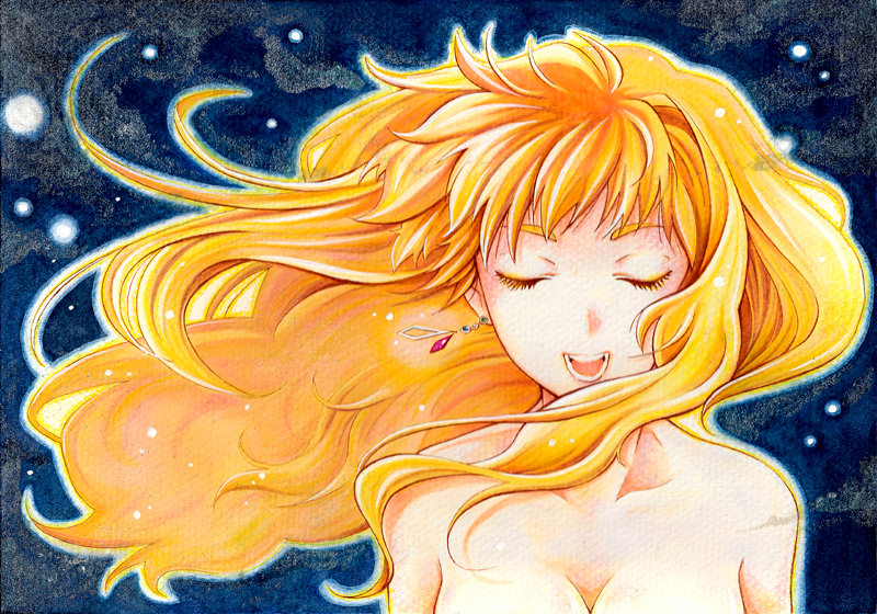 kokkoro (nullcan), sheryl nome, macross, macross frontier, traditional media, 00s, blonde hair, closed eyes, long hair, music, nude, singing, solo, wind