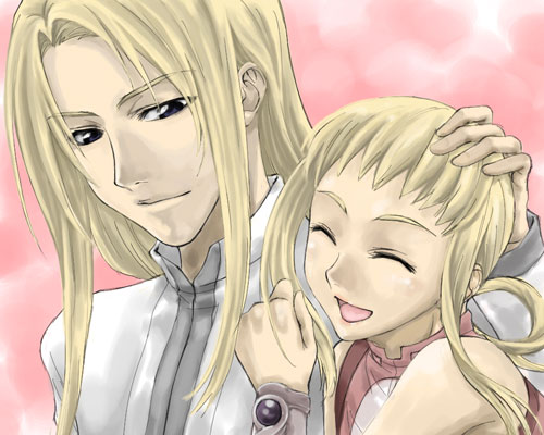 nesta, silvia de alisia, sirius de alisia, aquarion (series), sousei no aquarion, lowres, 00s, 1boy, 1girl, blonde hair, brother and sister, closed eyes, hair rings, hand on another's head, long hair, short hair, siblings, smile