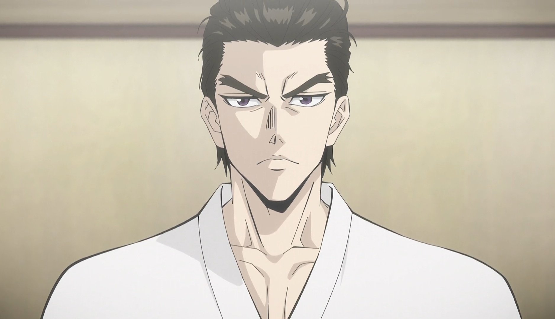 ninja to gokudou, highres, 1boy, black eyes, black hair, komura kiwami, male focus, medium hair, ninja, serious, shirt, upper body, white shirt