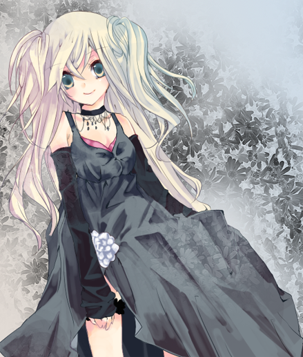 nupi, original, bad id, bad pixiv id, blonde hair, choker, cowboy shot, detached sleeves, dress, frilled thigh strap, jewelry, necklace, thigh strap, twintails, two side up, yellow eyes