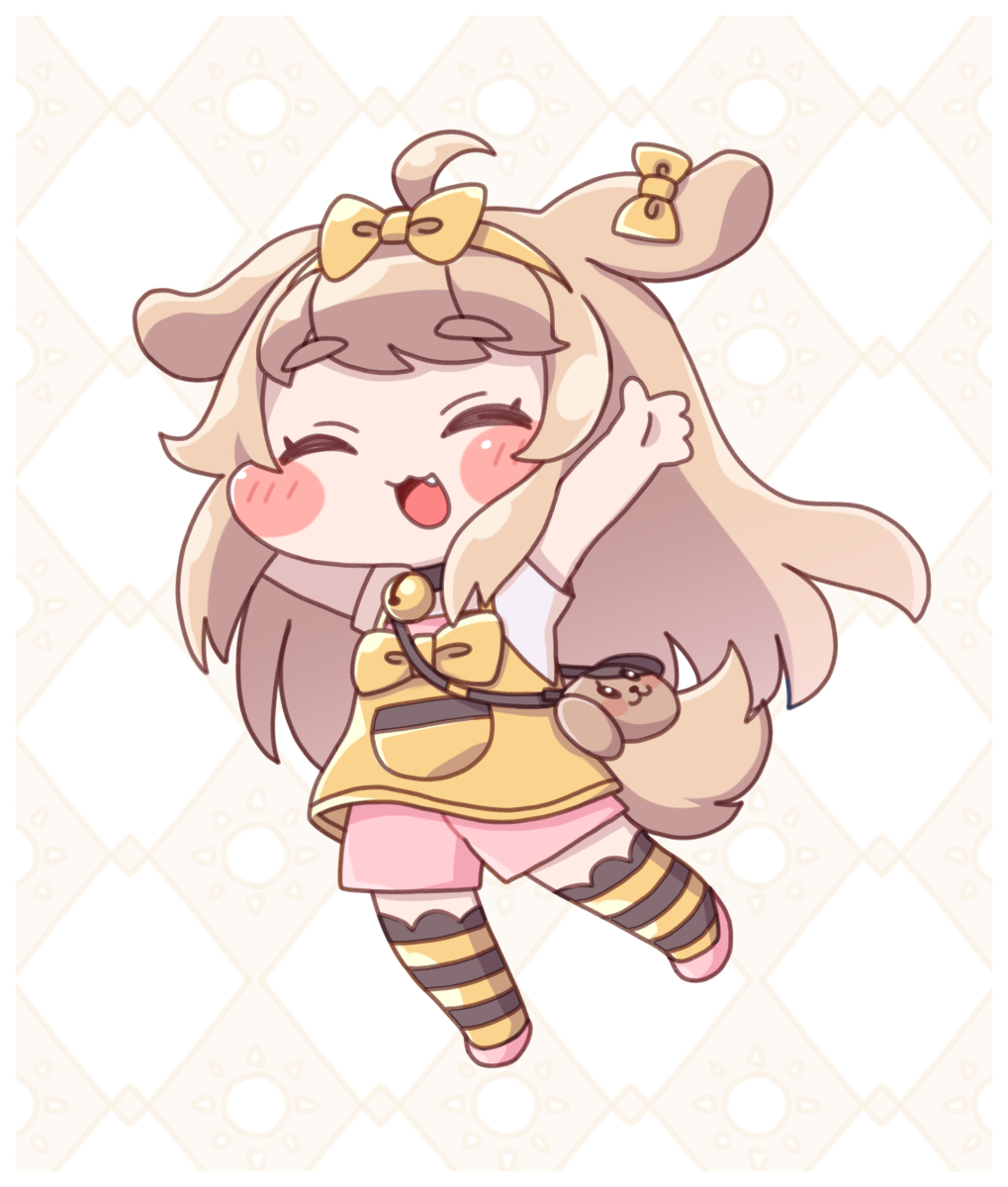 miyasaka takaji, butter (trickcal), trickcal, highres, 1girl, :3, ahoge, animal ears, arms up, bag, bell, blush stickers, bow, brown hair, closed eyes, collar, dog ears, dog girl, dog tail, fang, hair bow, jingle bell, jumping, long hair, neck bell, open mouth, pink shorts, ribbon, shirt, short sleeves, shorts, smile, solo, striped clothes, striped thighhighs, tail, thighhighs, white shirt, yellow ribbon, yellow shirt