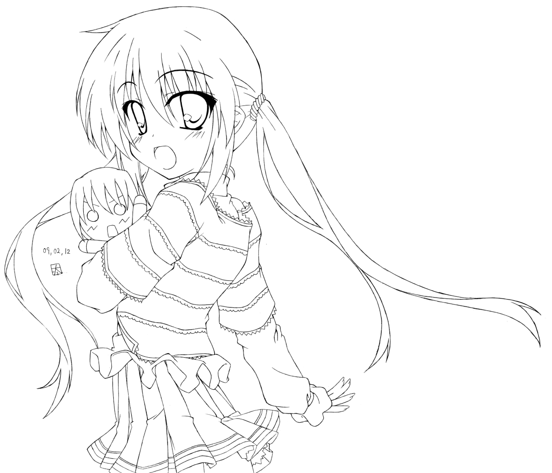 otamon, ayasaki hayate, sanzen'in nagi, hayate no gotoku!, 00s, 1girl, character doll, child, doll, female focus, greyscale, holding, lineart, long hair, looking back, monochrome, skirt, solo, sweater, twintails