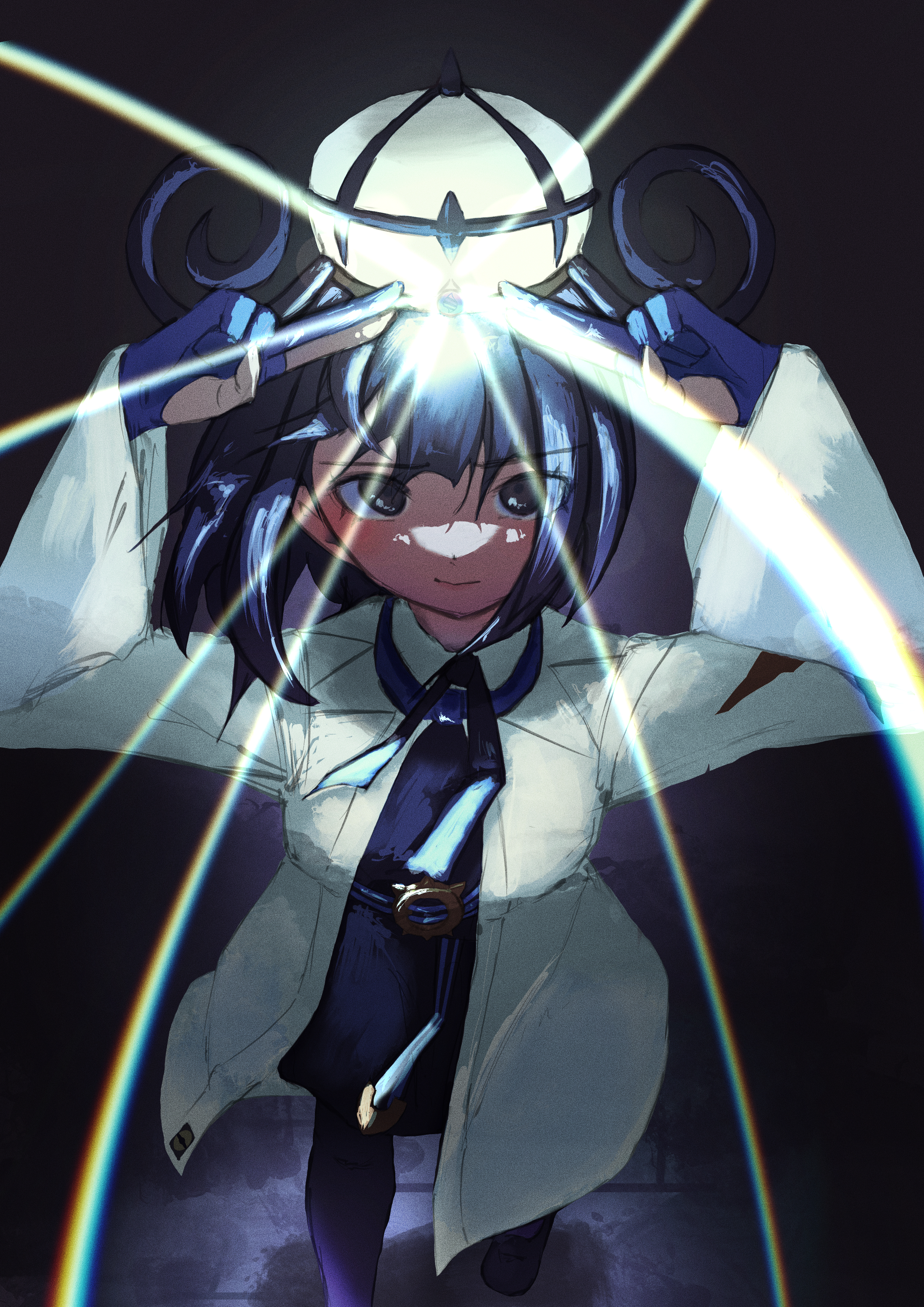 hirotanien, gwynn (pokemon), nintendo, pokemon, pokemon legends: z-a, absurdres, commentary, highres, 1girl, black dress, black eyes, blue gloves, bob cut, closed mouth, coat, dress, gloves, glowing, hat, long sleeves, looking at viewer, mega stone, open clothes, open coat, partially fingerless gloves, purple hair, short hair, solo, white coat
