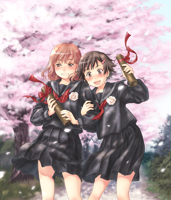 simon (kappa no kawanagare), original, tagme, cherry blossoms, graduation, school uniform, serafuku