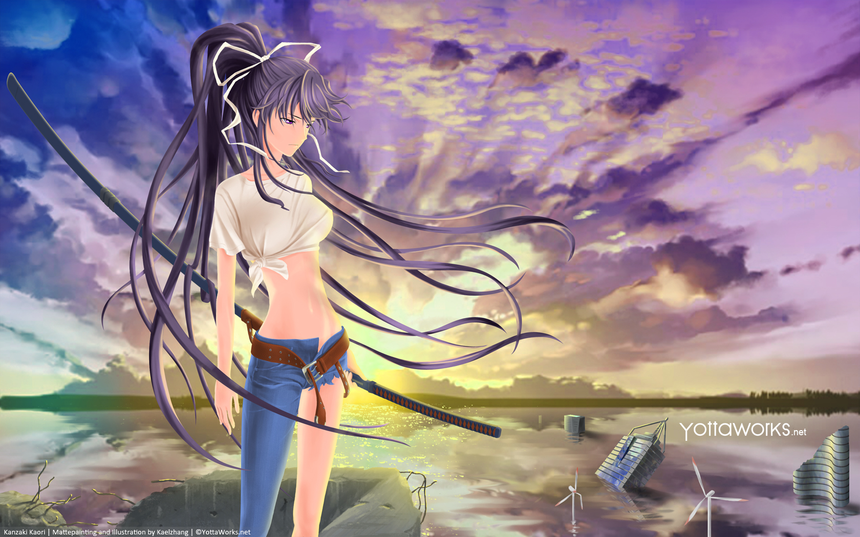 kanzaki kaori, toaru majutsu no index, artist request, highres, source request, 1girl, belt, breasts, denim, jeans, large breasts, open fly, pants, shirt, tied shirt