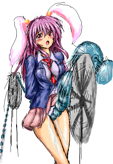 monikano, reisen udongein inaba, touhou, 1girl, animal ears, bdsm, bead sex machine, beads, blush, bondage, bound, crotch rub, cruelty to animals, female focus, machine, oekaki, panties, pussy juice, rabbit ears, rope walking, sex machine, skirt, solo, tears, underwear, upskirt