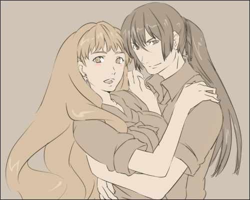 jack (haist), saotome alto, sheryl nome, macross, macross frontier, lowres, 00s, 1boy, 1girl, couple, hetero, hug, long hair