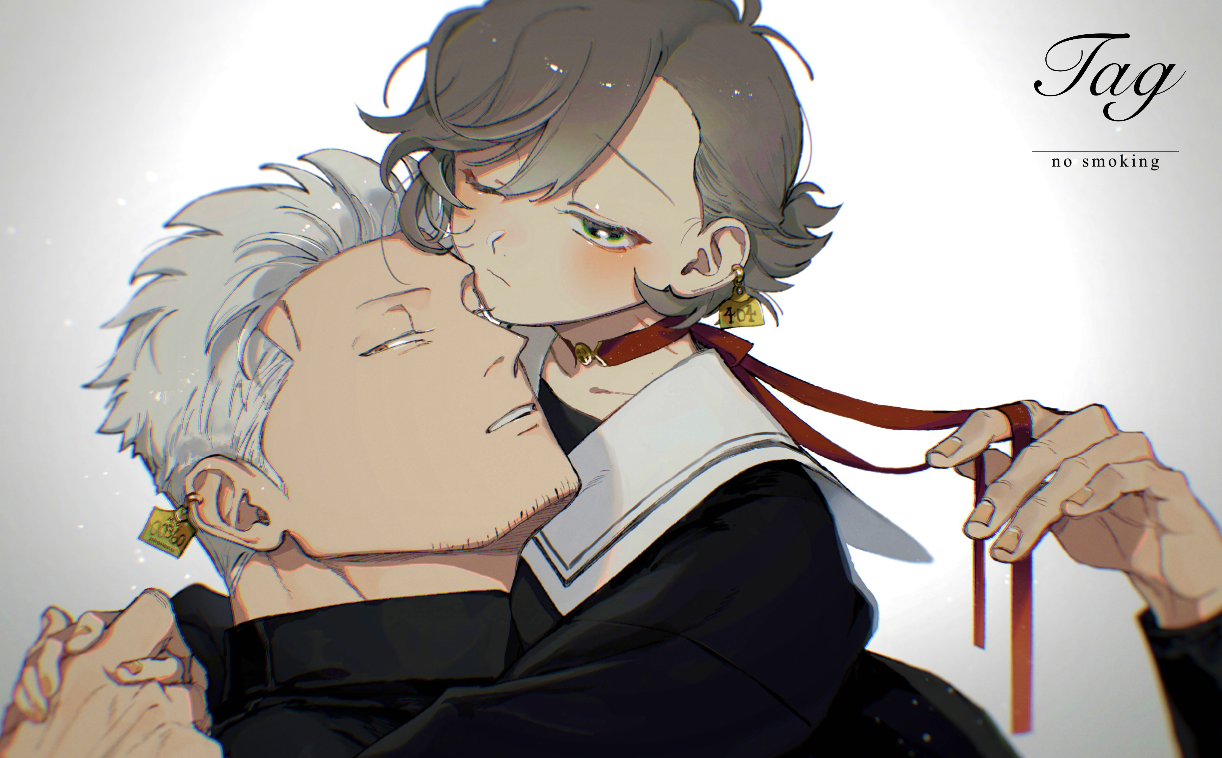 kabane (rjev8385), smoker (one piece), one piece, original, absurdres, commentary request, highres, 1boy, 1girl, arms around neck, asymmetrical bangs, black shirt, choker, closed mouth, collarbone, collared shirt, couple, ear tag, facial hair, goatee stubble, green eyes, grey hair, hetero, holding hands, hug, light particles, long sleeves, looking at viewer, oc x canon, one eye closed, parted lips, ribbon choker, sailor collar, school uniform, shirt, stubble, upper body, white background, white hair, white sailor collar, yellow eyes