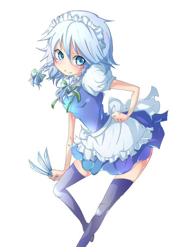 fuabio, izayoi sakuya, touhou, bad id, bad pixiv id, 1girl, blue eyes, blue hair, blush, braid, female focus, knife, maid, matching hair/eyes, simple background, solo, thighhighs, throwing knife, twin braids, weapon, white background