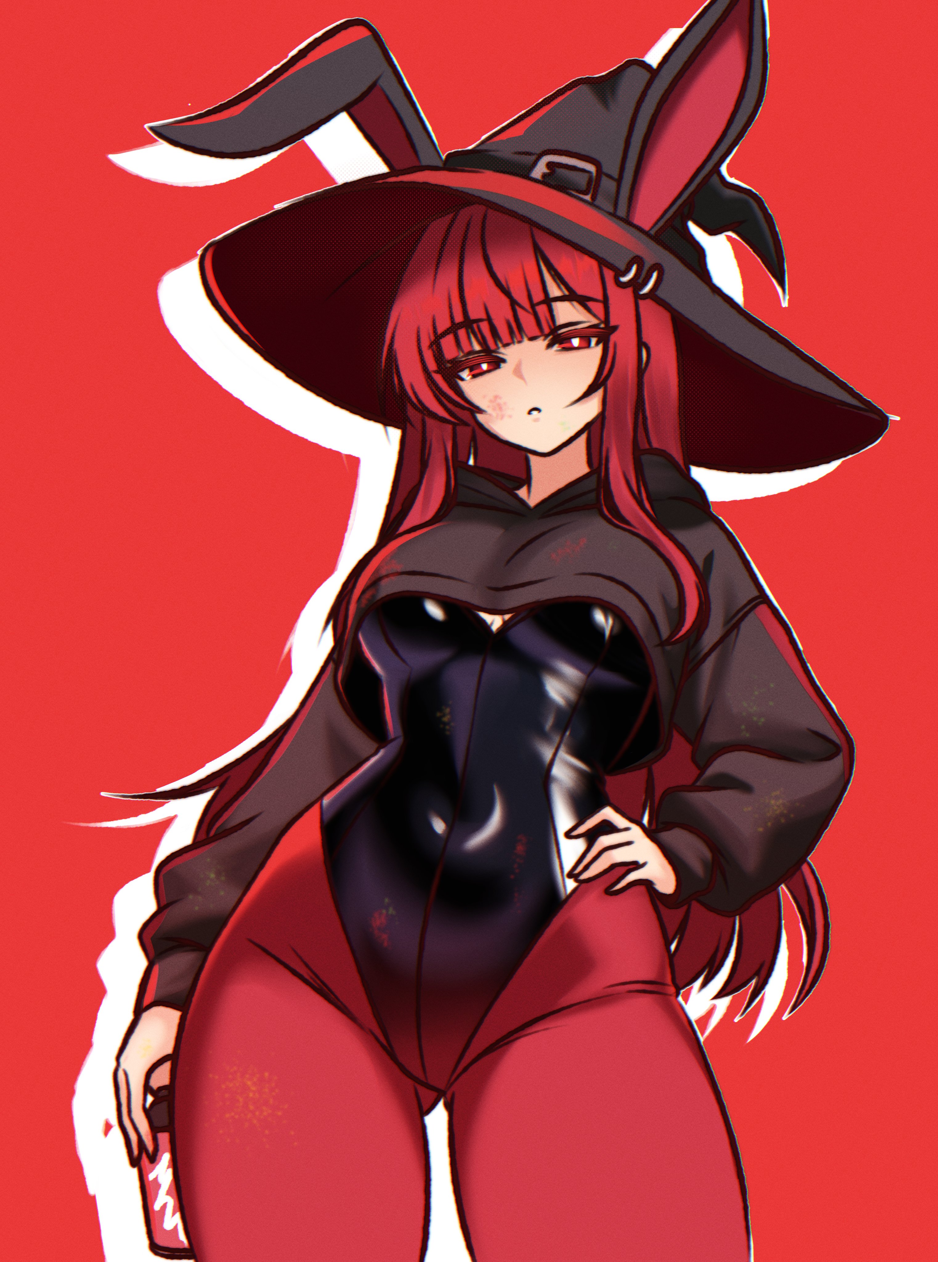 anb (anb draws), val (yan kodiac), original, absurdres, highres, 1girl, 2025, animal ears, can, cropped sweater, hand on own hip, hat, holding, holding can, latex, latex leotard, leotard, long hair, looking at viewer, pantyhose, pierced hat, playboy bunny, rabbit ears, red background, red eyes, red hair, red pantyhose, simple background, sweater, witch hat