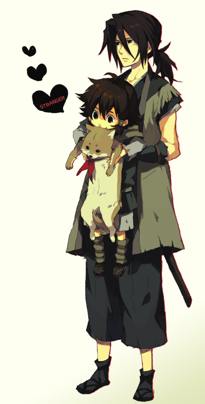 ebira, tobimaru, kotarou (stranger), nanashi (stranger), tobimaru (stranger), stranger mukou hadan, bad id, bad pixiv id, 00s, 2boys, black hair, dog, japanese clothes, male focus, multiple boys, samurai