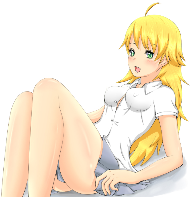 hoshii miki, idolmaster, idolmaster (classic), idolmaster 1, non-web source, 00s, 1girl, ahoge, blonde hair, breasts, covered erect nipples, female focus, green eyes, long hair, shirt, simple background, small breasts, solo, white shirt
