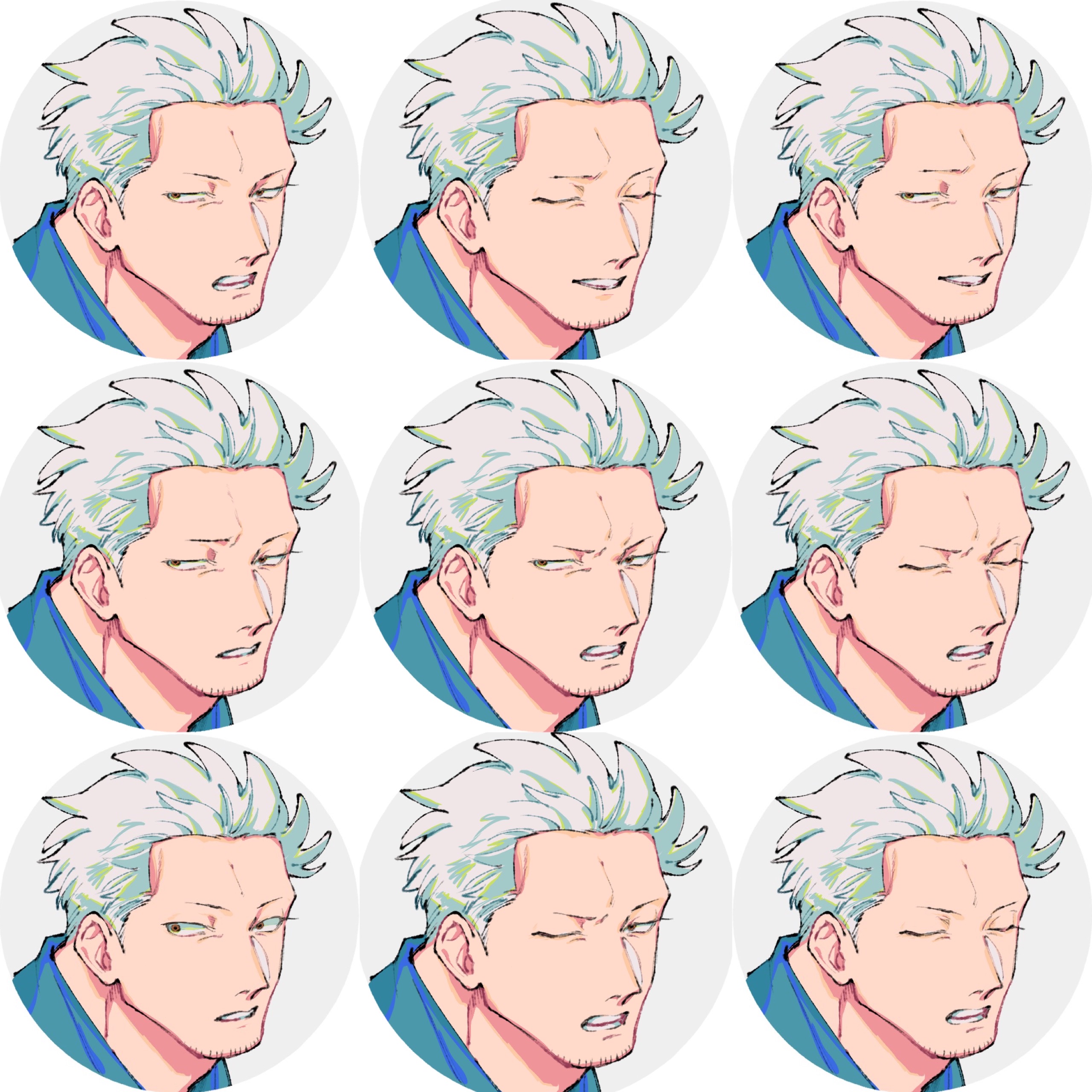 kabane (rjev8385), smoker (one piece), one piece, absurdres, commentary request, highres, 1boy, angry, brown eyes, closed eyes, expression chart, facial hair, goatee stubble, jitome, male focus, multiple expressions, multiple views, one eye closed, parted lips, short hair, sigh, smile, stubble, surprised, white hair