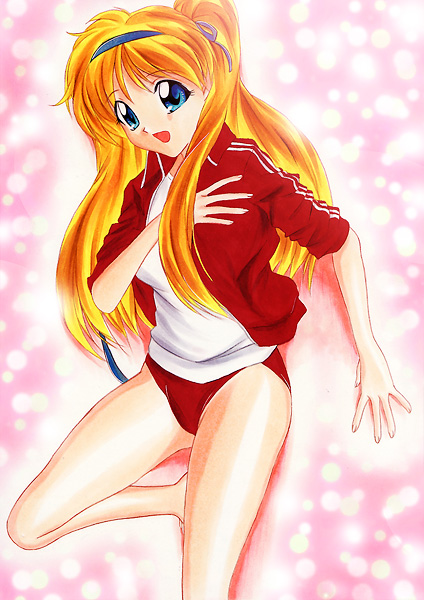 yadokari genpachirou, original, marker (medium), traditional media, 1girl, blonde hair, buruma, female focus, gym uniform, jacket, long hair, side ponytail, solo