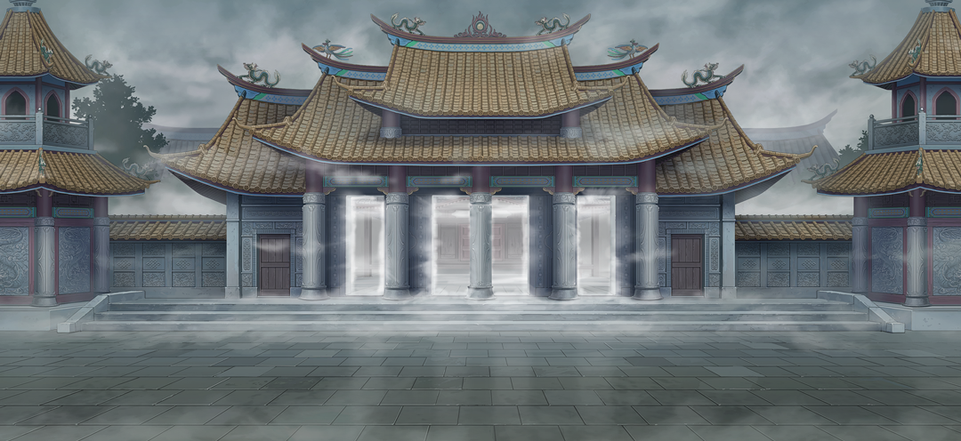 touhou, touhou gensou eclipse, game cg, non-web source, official art, architecture, bird, divine spirit mausoleum, dragon, east asian architecture, eastern dragon, fog, gate, no humans, outdoors, overcast, phoenix, pillar, scenery, sky, stairs, tile roof