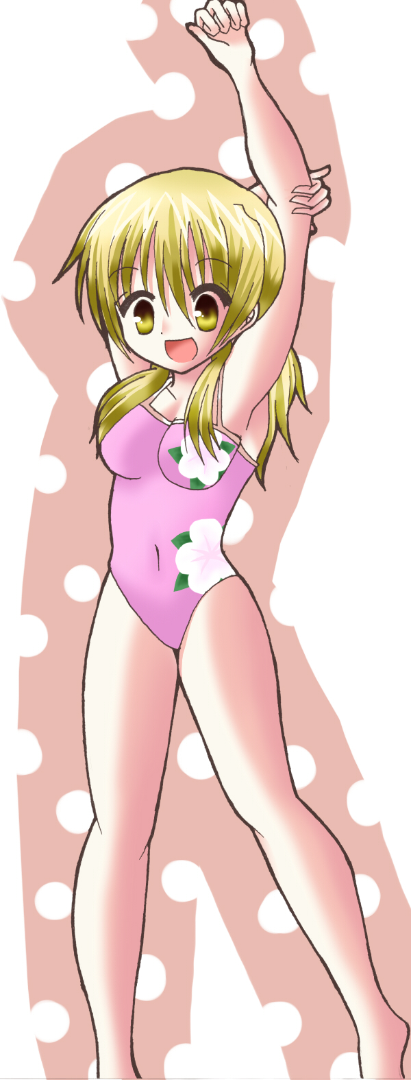 urara (sumairuclover), miyako (hidamari sketch), hidamari sketch, bad id, bad pixiv id, highres, long image, tall image, 00s, 1girl, bad anatomy, blonde hair, female focus, long hair, one-piece swimsuit, poorly drawn, solo, stretching, swimsuit, yellow eyes