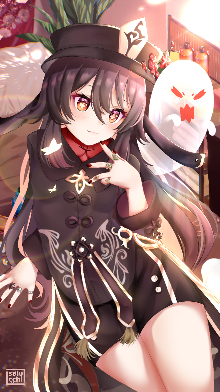 hu tao (genshin impact), genshin impact, highres, black hair, black hat, black nails, black shorts, blue nails, blush, closed mouth, dress, fingernails, flower, green nails, hat, jewelry, long hair, multicolored nails, multiple rings, nail art, plant, red flower, red nails, ring, salucchii, shorts, solo, spider lily, thumb ring, very long hair, wedding ring, yellow nails